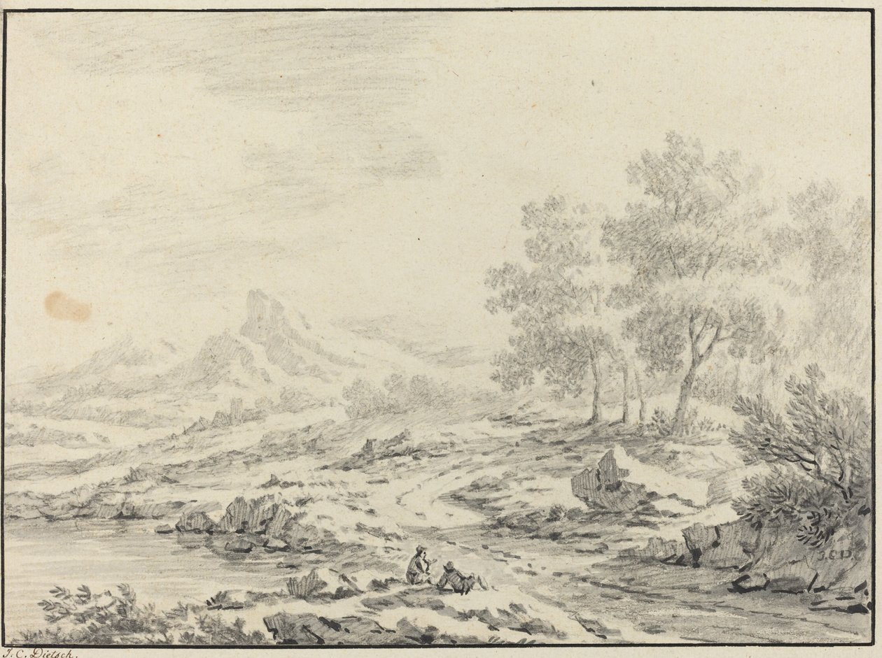 Két férfi pihen egy tó közelében. alkotó: Johann Christoph Dietzsch