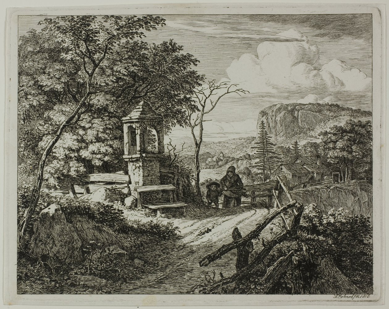 Wood Gatherer with a Boy, plate two from Die zwei grossen Landschaften mit den Betsäulen   1289800   hu       hungarian Successfully Translated  Original: Vissersvrijage Translat: 