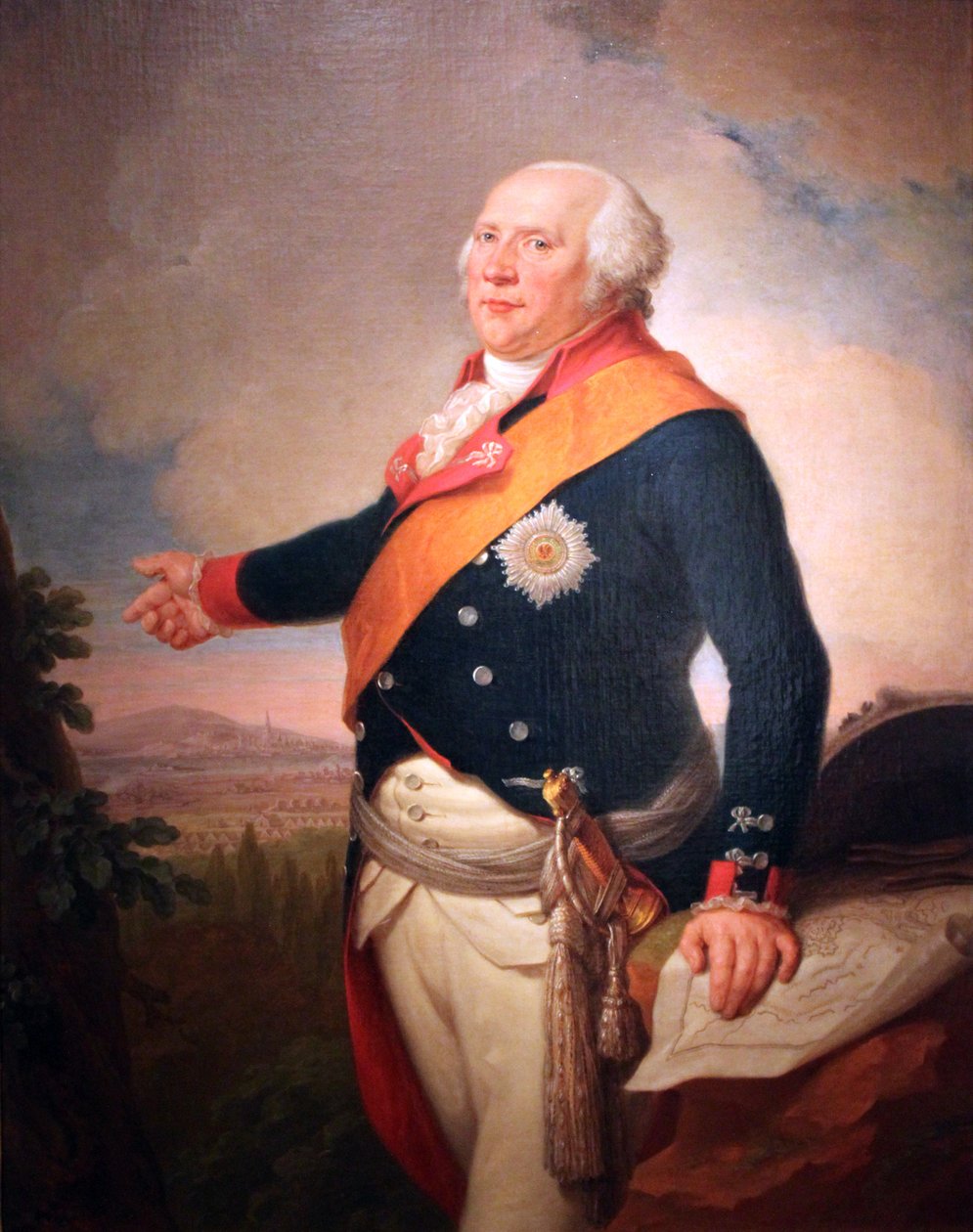 II. Frigyes Vilmos porosz király (1744-1797) portréja a Fekete Sas-rend csillagával, bal keze Frankfurt térképén nyugszik, tájkép a Frankfurt mellett táborozó porosz hadsereggel. alkotó: Johann Christoph Frisch