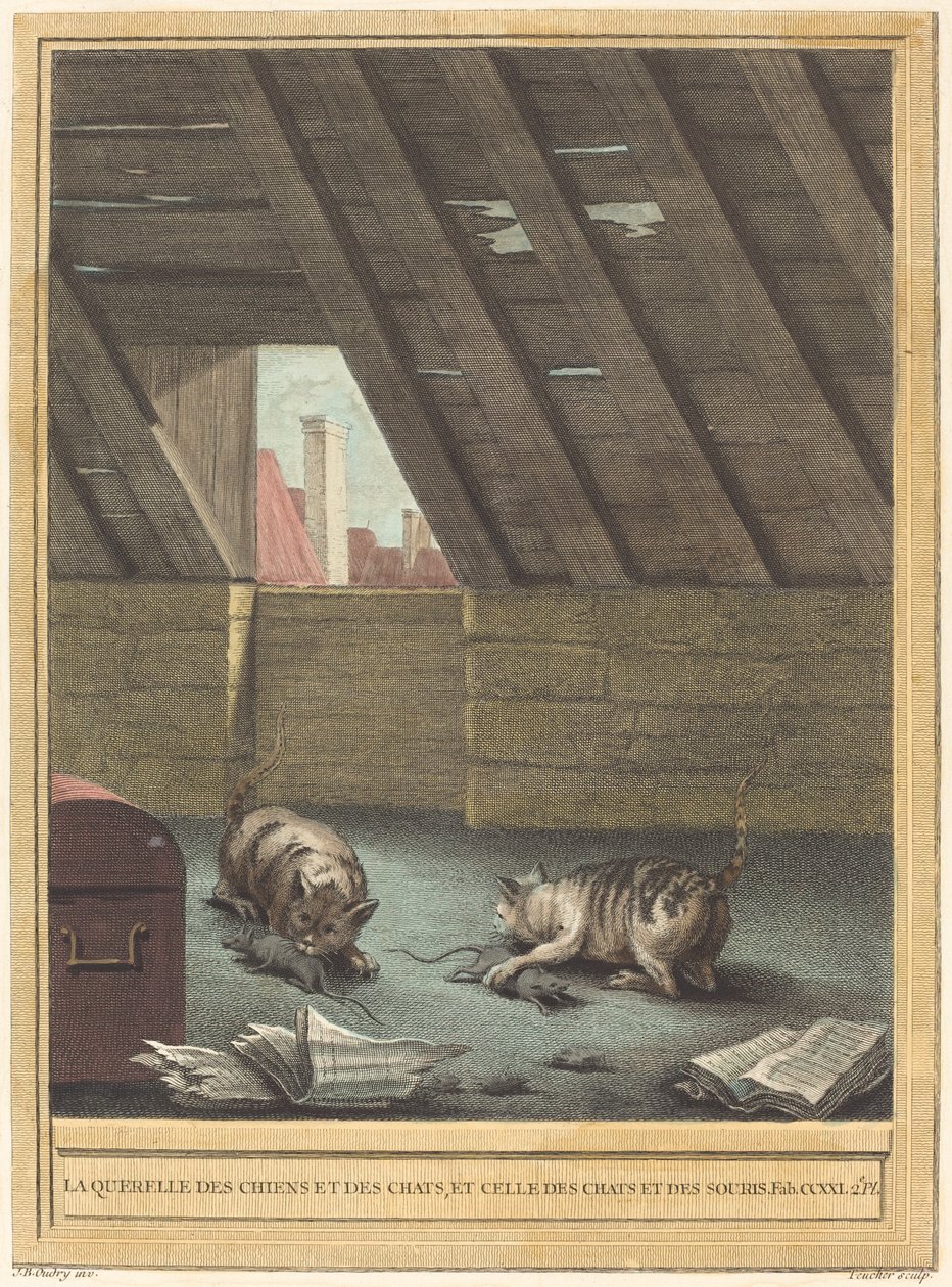 A macskák és kutyák veszekedése, valamint a macskák és egerek veszekedése alkotó: Johann Christoph Teucher after Jean Baptiste Oudry