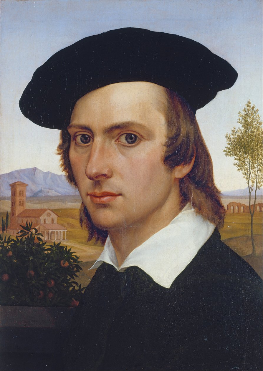 Önarckép Berettel egy római táj előtt alkotó: Johann David Passavant