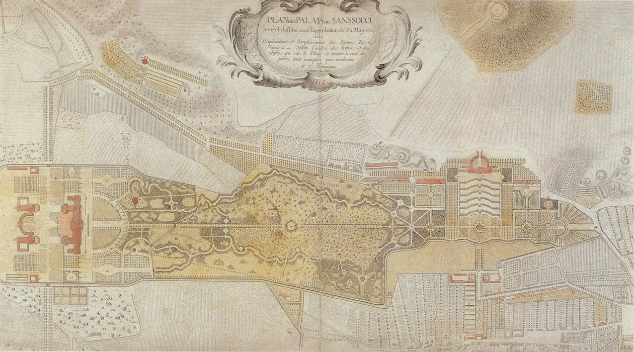 A potsdami Sanssouci Frederician Park terve, 1772 alkotó: Johann David Schleuen