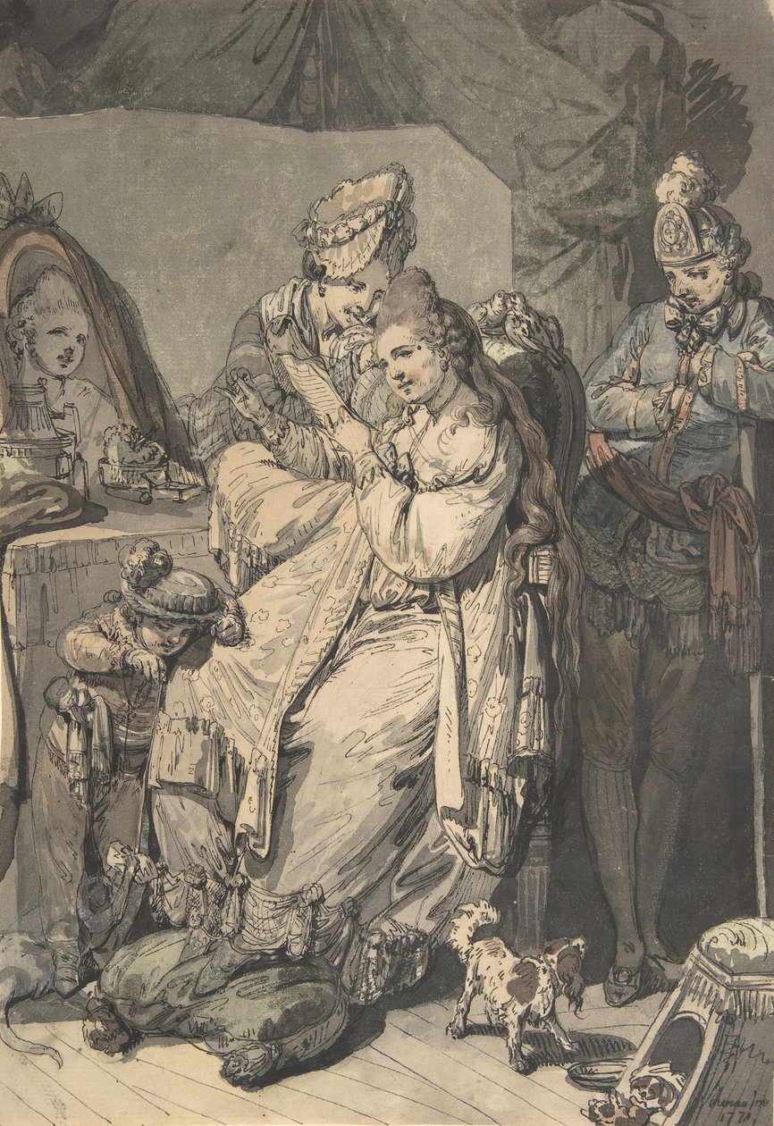 Egy nő a vécéjében szobalánnyal, fiúval, kutyával és fiatal katonával, verso: Egy vázlat..., 1770. alkotó: Johann Eleazar Schenau