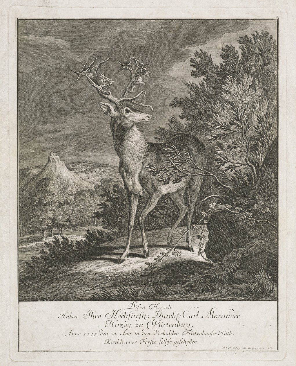 Egy csodálatos szarvas a tájon alkotó: Johann Elias Ridinger