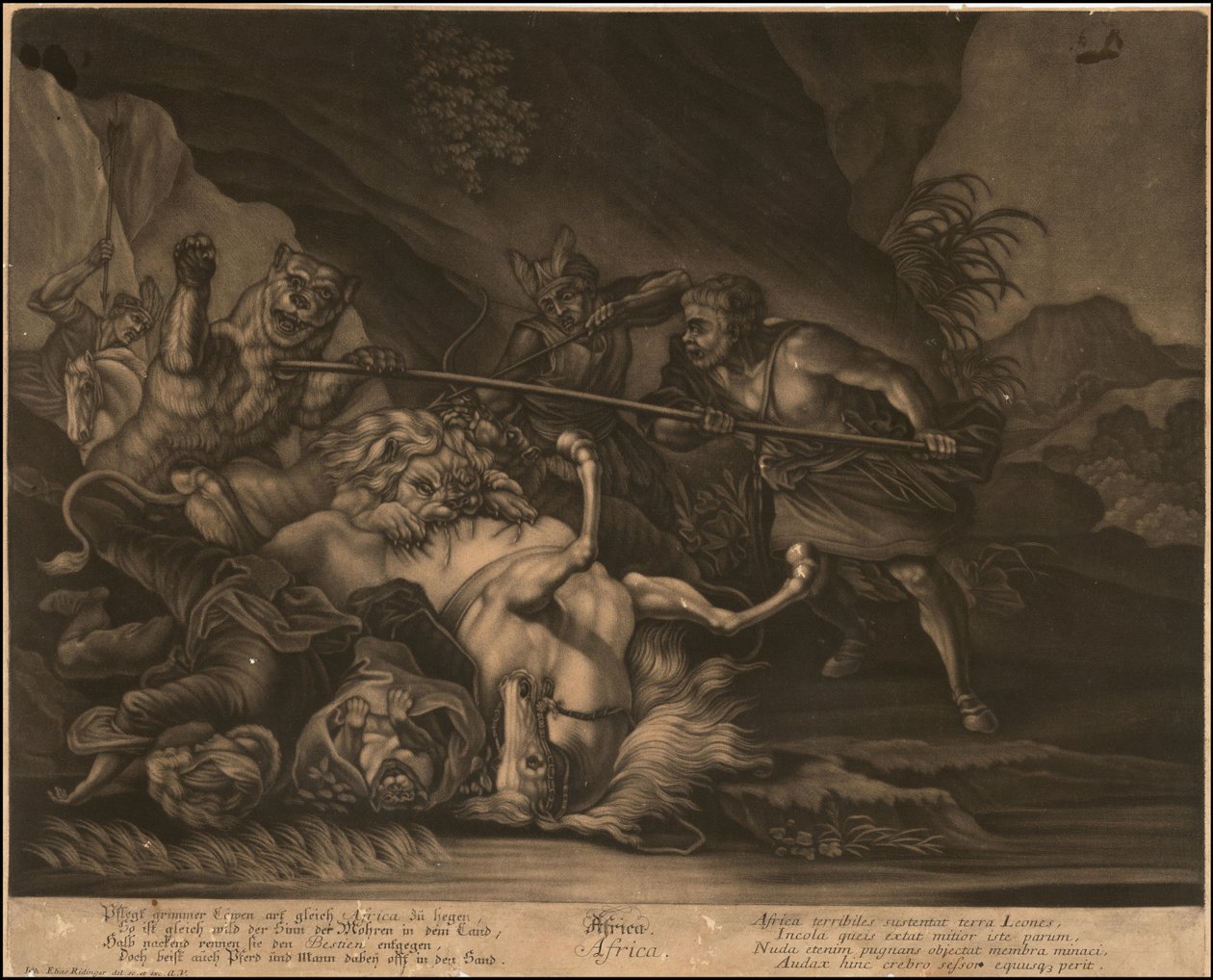 Ca. 1770 Afrika allegorikus metszete alkotó: Johann Elias Ridinger