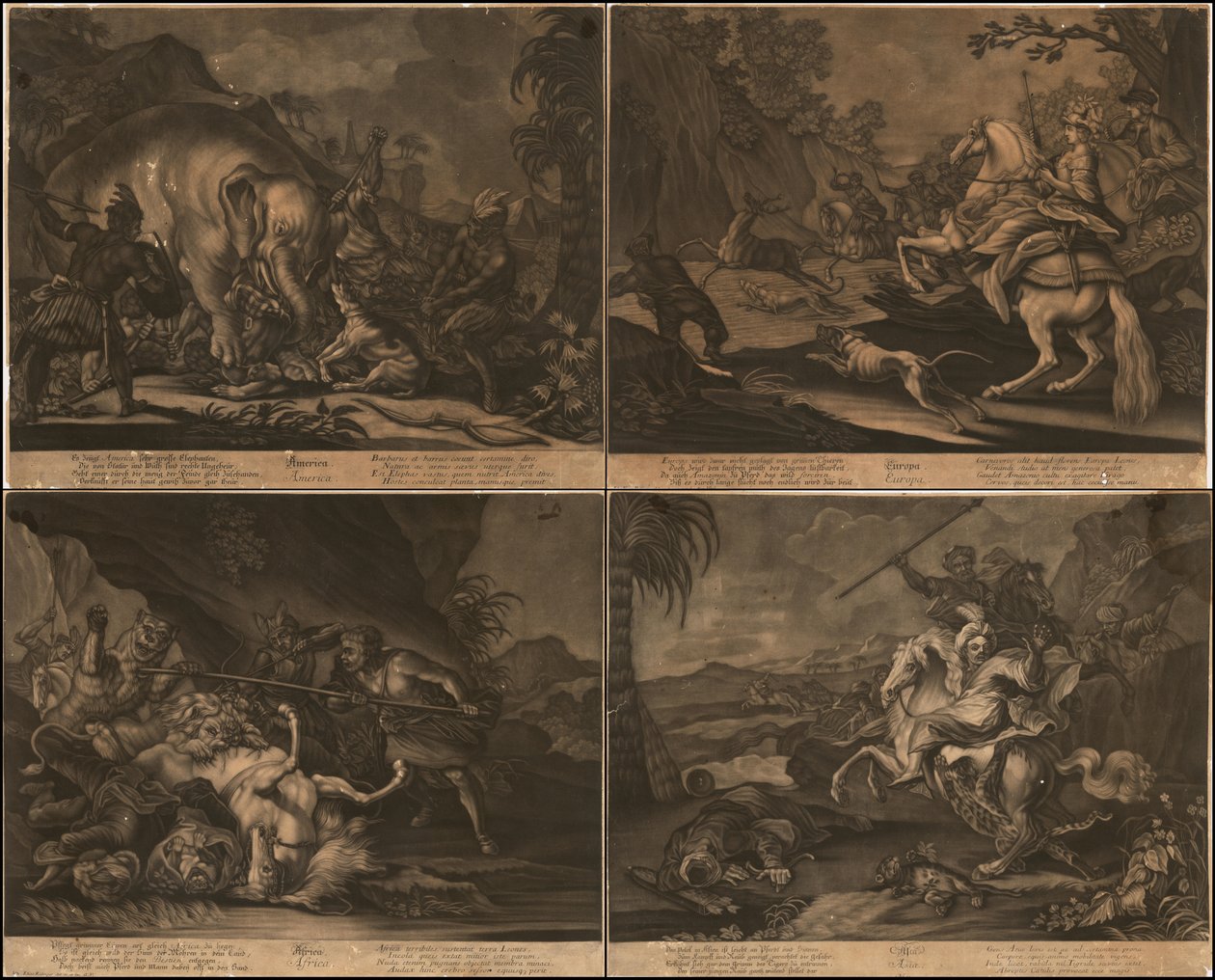 Ca. 1770 Afrika, Ázsia, Amerika és Európa allegorikus metszete egy oldalon. alkotó: Johann Elias Ridinger