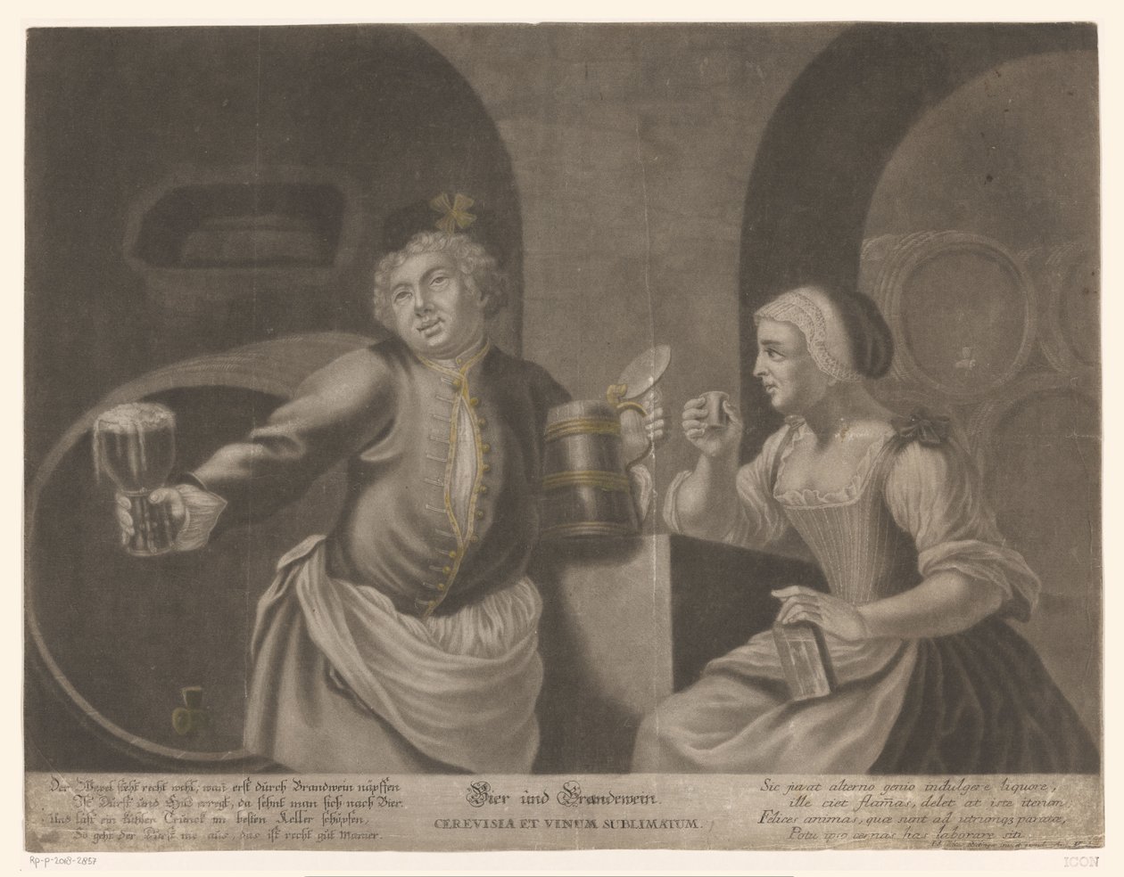 Férfi és nő iszik sört és pálinkát Bier und Brandewein / Cerevisia et vinum sublimatum alkotó: Johann Elias Ridinger