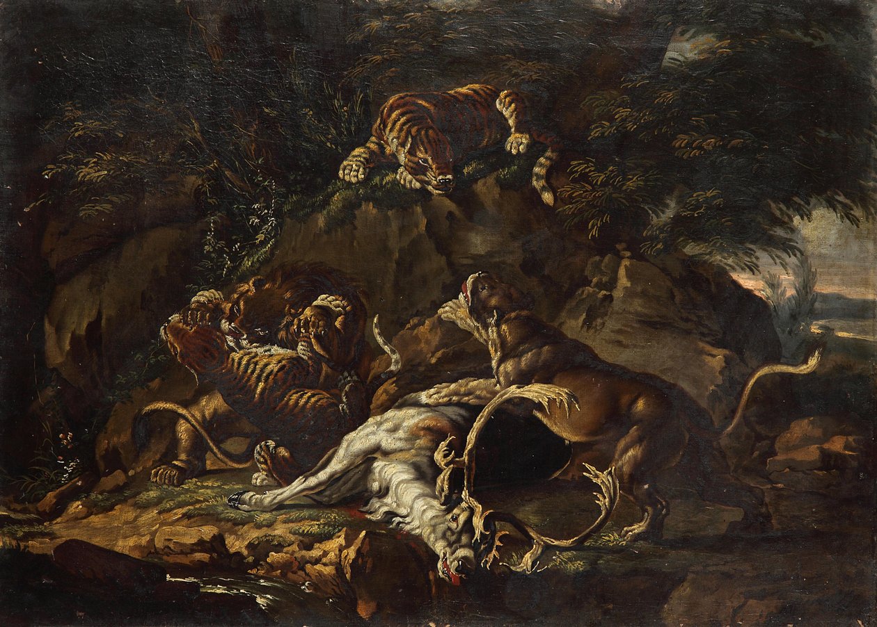 Ragadozók és széttépett szarvas alkotó: Johann Elias Ridinger