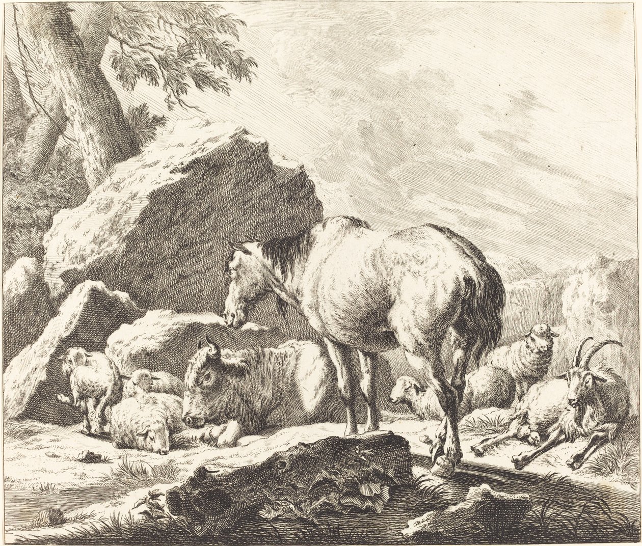 Egy ló, bivaly, bárány és kecske olasz tájon alkotó: Johann Elias Ridinger after Johann Heinrich Roos