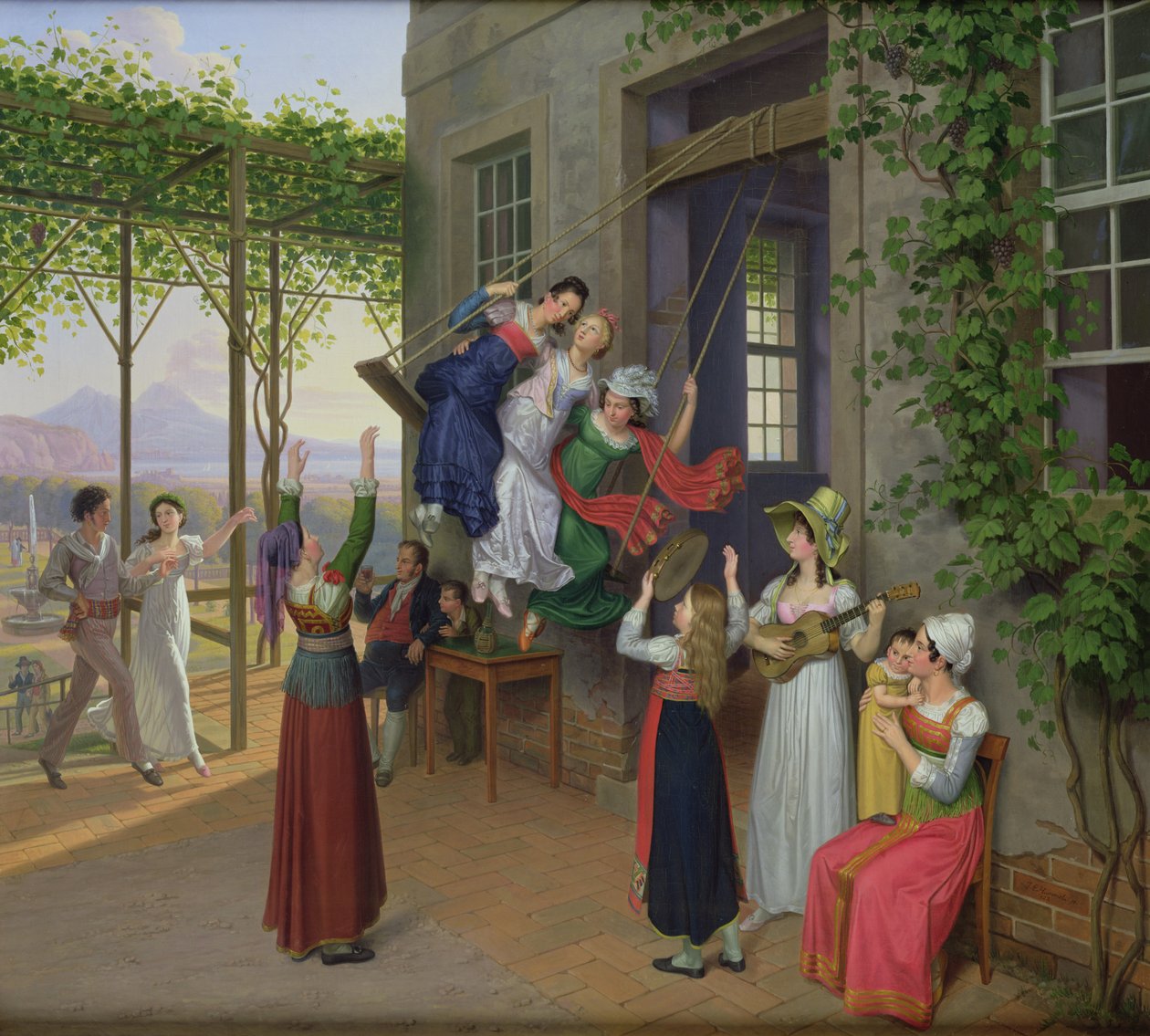 Fiatalok hintán játszanak egy kertben Nápoly mellett, 1823 alkotó: Johann Erdmann Hummel