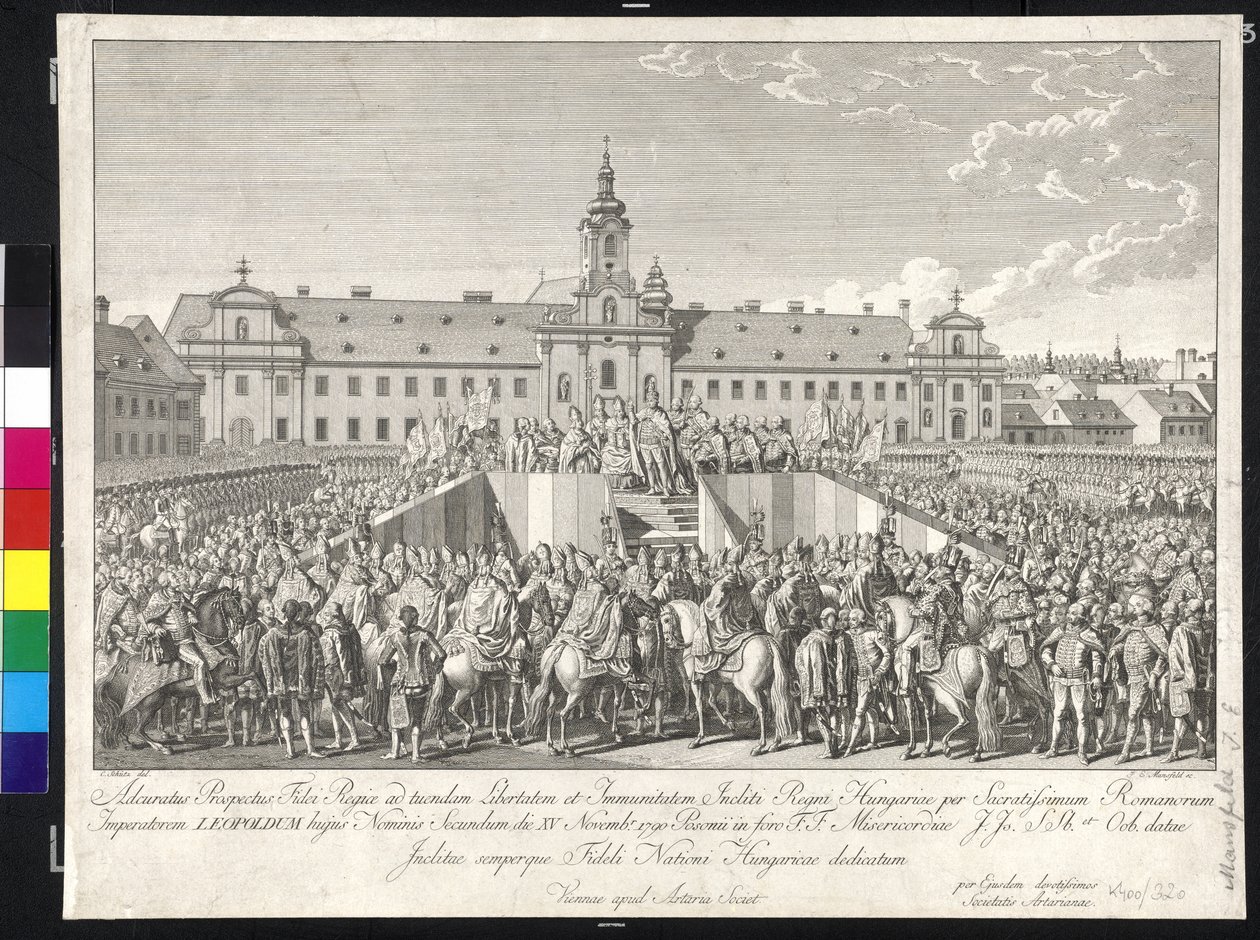 II. Leopold császár koronázása magyar királlyá Pozsonyban, 1790. november 15-én (rézmetszet) alkotó: Johann Ernst Mansfeld