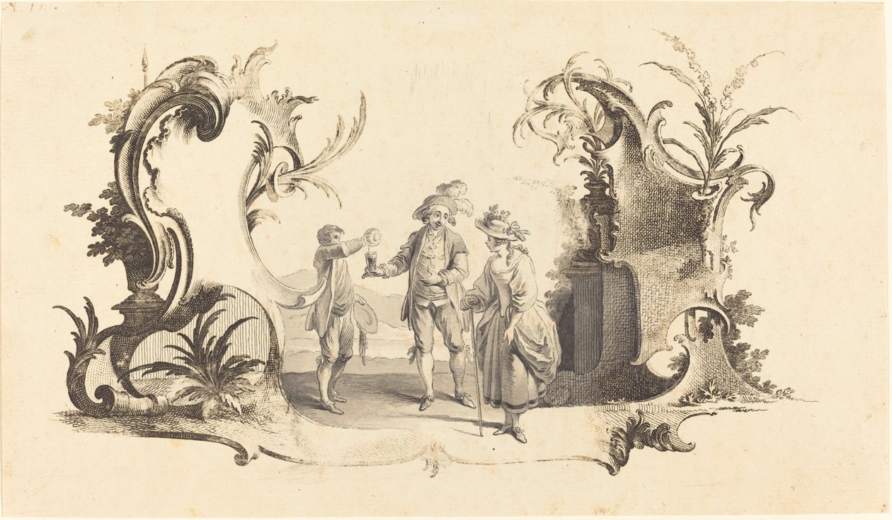 Cartouche Moderne egy fiatal pár borral alkotó: Johann Esaias Nilson