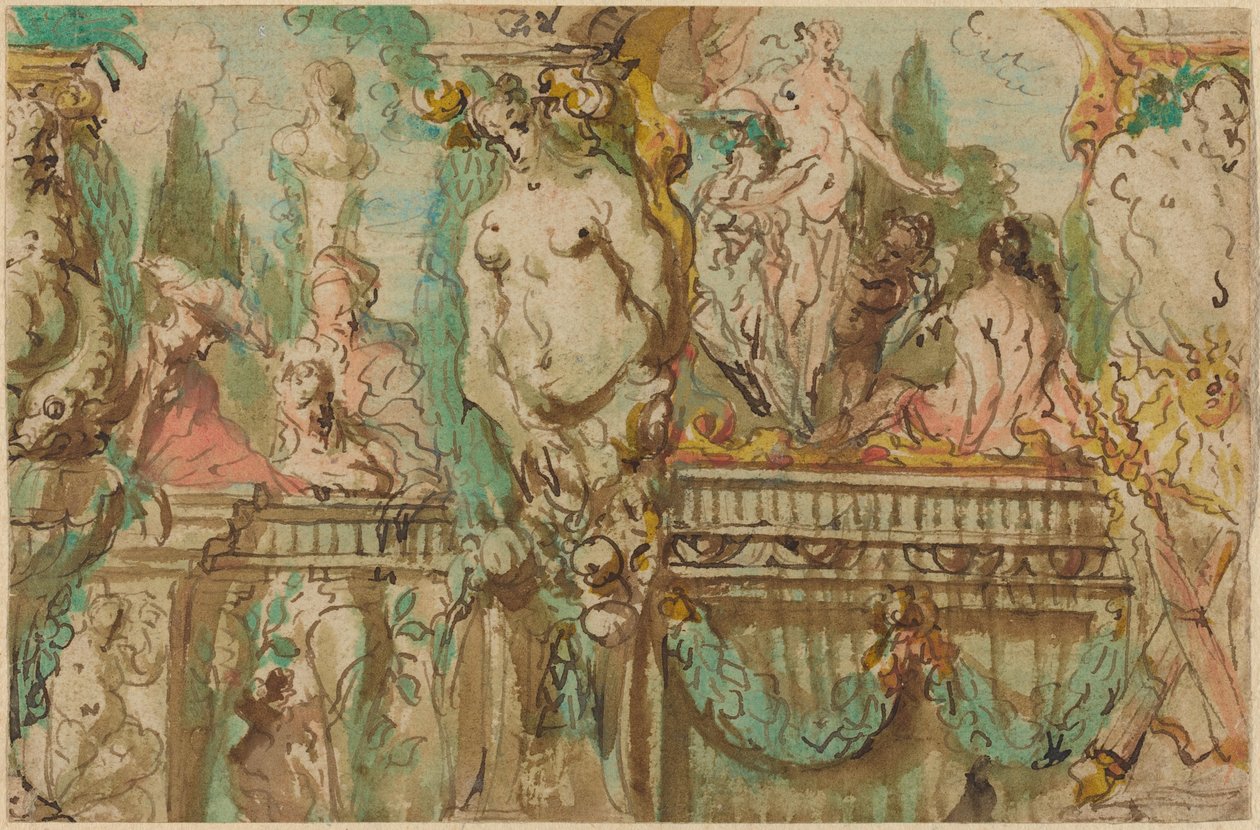 Mennyezeti kialakítás allegorikus figurákkal alkotó: Johann Evangelist Holzer