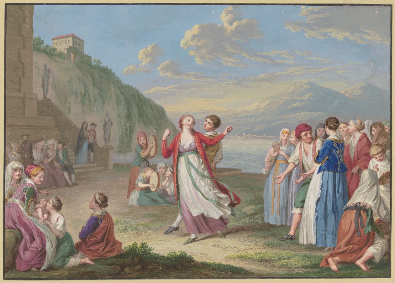 Olasz falusiak szórakoznak játékokkal és tánccal a tóparton, a háttérben magas hegyek alkotó: Johann Friedrich August Tischbein