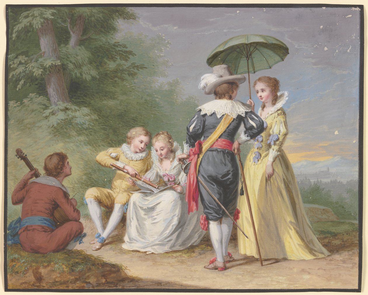 Zenélő társaság az erdő szélén alkotó: Johann Friedrich August Tischbein