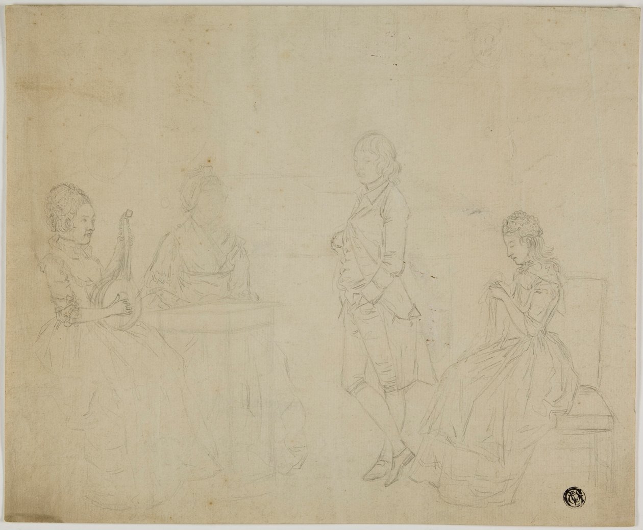 Családi csoport három ülő nővel és álló fiatalemberrel vázlat alkotó: Johann Friedrich August Tischbein