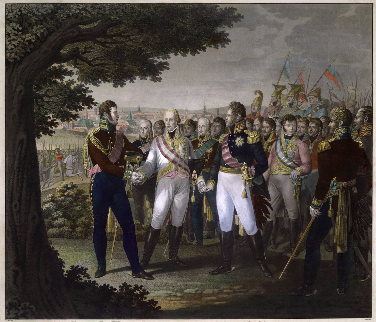 I. Sándor orosz cár (1777-1825), I. Francois osztrák császár (1768-1835) és III. Frigyes Guillaume (Frederic-Guillaume) porosz király Prágában 1813. március 18-án - I. Ferenc osztrák császár és I. Sándor találkozója Oroszország és Fre alkotó: Johann Friedrich Jügel