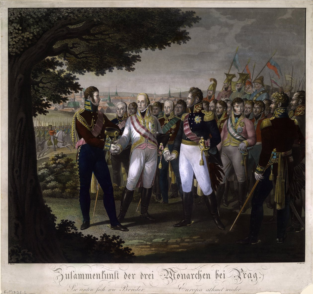I. Ferenc osztrák császár, I. Sándor orosz császár és III. Frigyes Vilmos találkozása o alkotó: Johann Friedrich Jügel