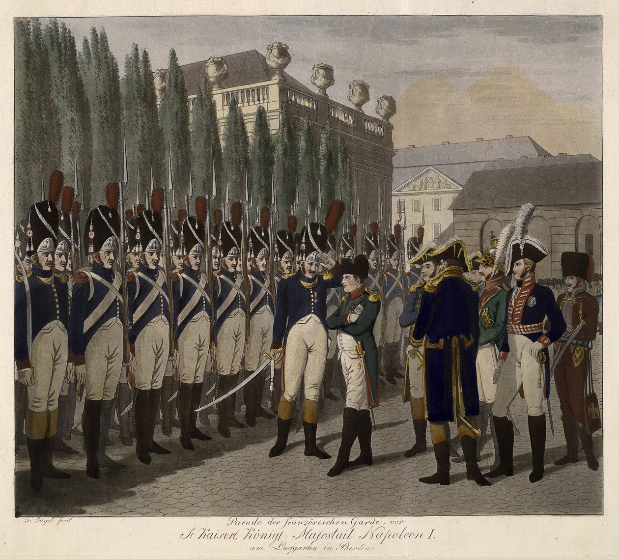 A francia gárdisták felvonulása a berlini Lustgartenben 1806-ban - Juegel, Johann Friedrich (1772-1833) - 1806 - Aquatint - 31,6x39 - Magángyűjtemény alkotó: Johann Friedrich Jügel