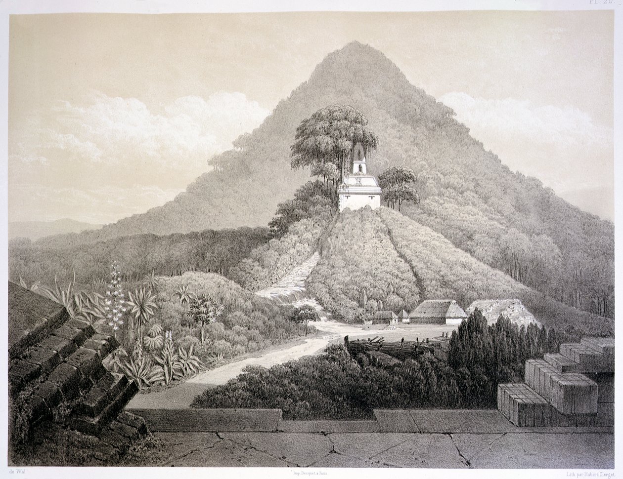 Festői kilátás a Palenque-i Kereszt templománál, 20-as tábla az „Ancient Monuments of Mexico”-ból, Hubert Clerget (1818-99) metszet, 1866 (litho) alkotó: Johann Friedrich Maximilian von (after) Waldeck