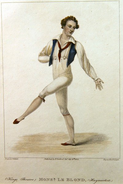 Monsieur Le Blond, a londoni Haymarket Színház táncosának portréja, amint kinyújtott lábbal és karral táncol, metszette R. Cooper. alkotó: Johann Friedrich Maximilian von (after) Waldeck
