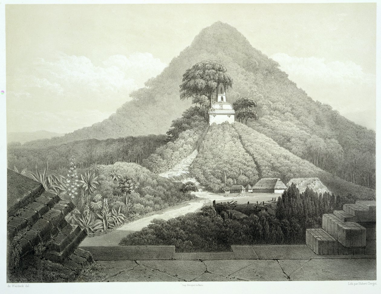 Festői kilátás a Palenque-i Kereszt templománál, 20-as tábla az „Ancient Monuments of Mexico”-ról, Hubert Clerget (1818-99) metszetével, 1866 alkotó: Johann Friedrich Maximilian von Waldeck