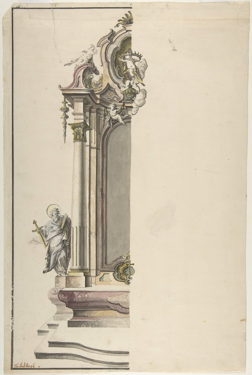 Aedikuláris oltár terve Szent Pállal a bal oldalon, 18. század közepe. alkotó: Johann Georg Dirr
