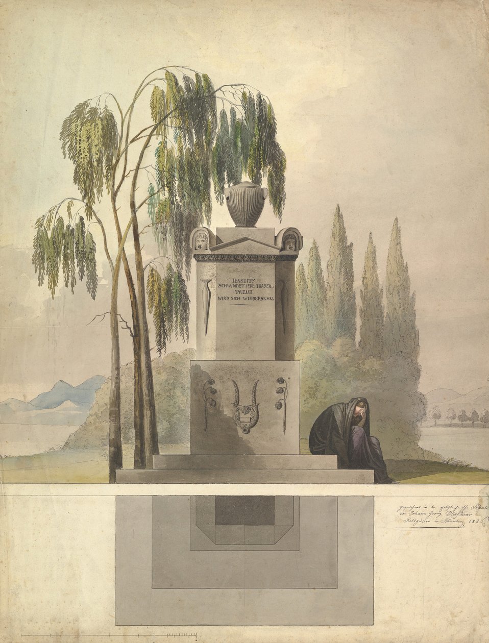 Tervezés egy sírhoz, Rothgeisser Nürnbergben Magassági és alaprajzi terv, 1826. alkotó: Johann Georg Dürschner