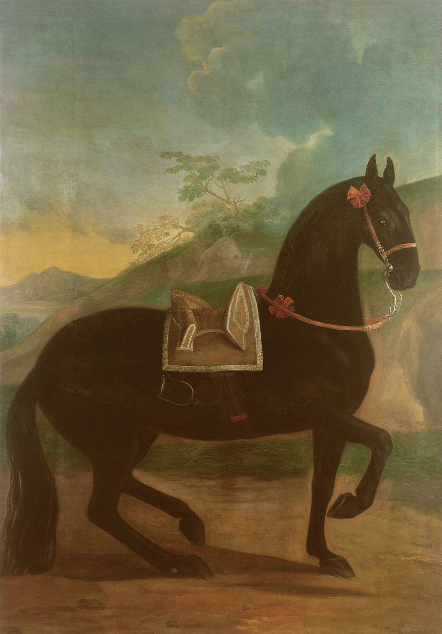 Egy fekete ló spanyol nyeregben alkotó: Johann Georg Hamilton