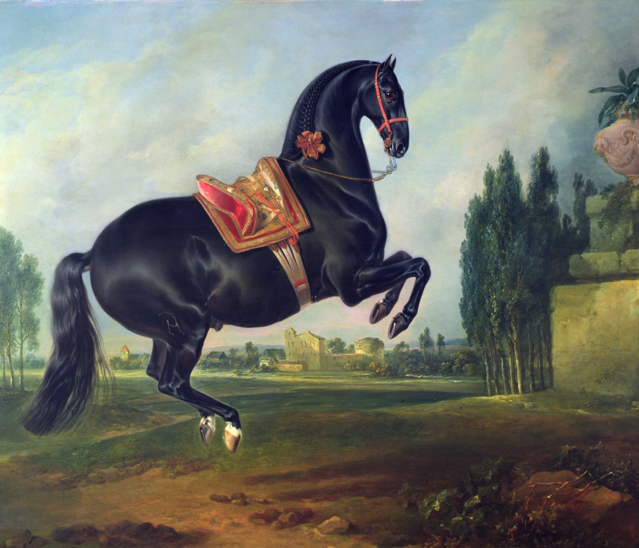 Egy fekete ló előadja a Courbette-et (részletekért lásd: 264709) alkotó: Johann Georg Hamilton
