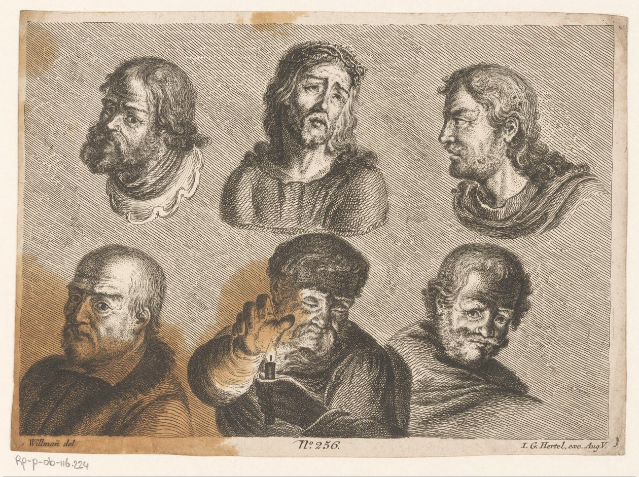 Hat férfifej, köztük Krisztus és egy ember gyertyával alkotó: Johann Georg Hertel (I) (possibly)
