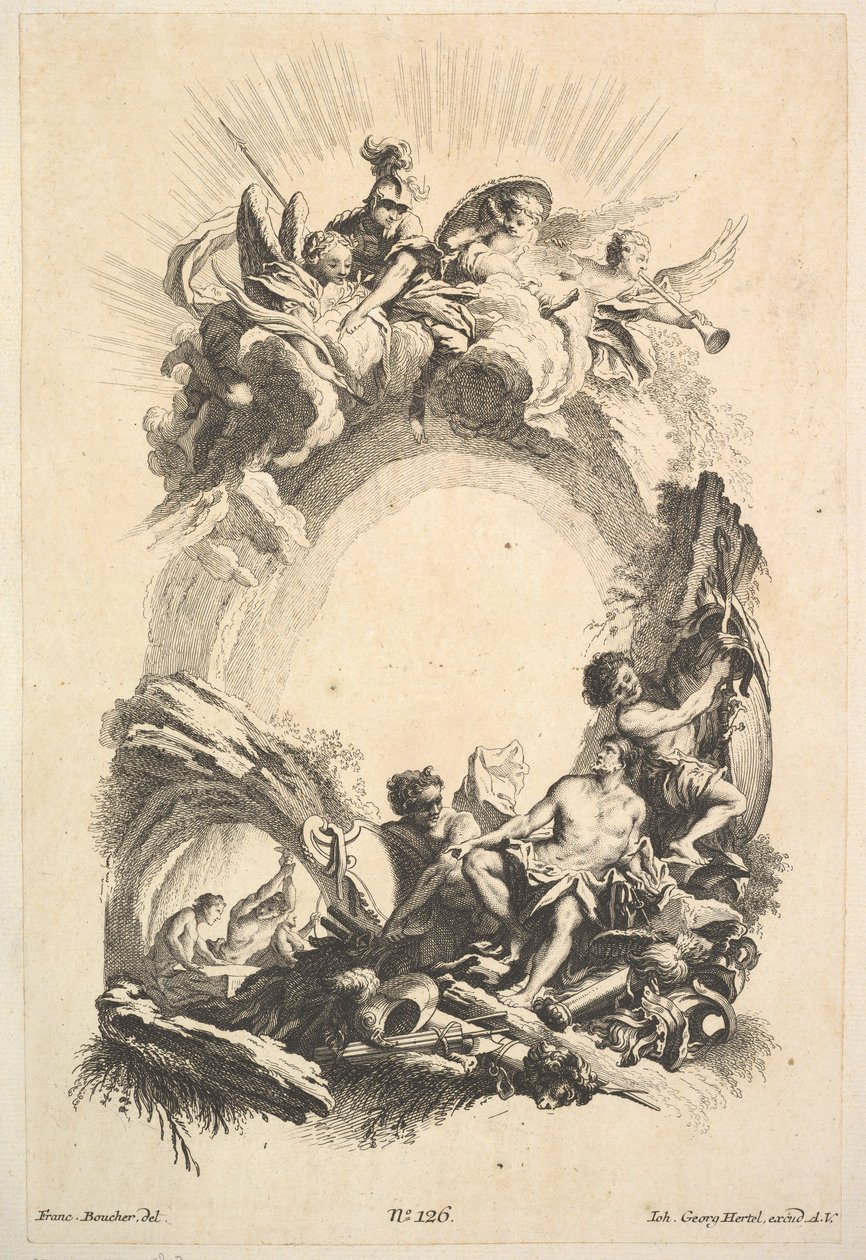 Vulkán kovácsai, a Cartouches könyvéből, 18. század közepe. alkotó: Johann Georg Hertel