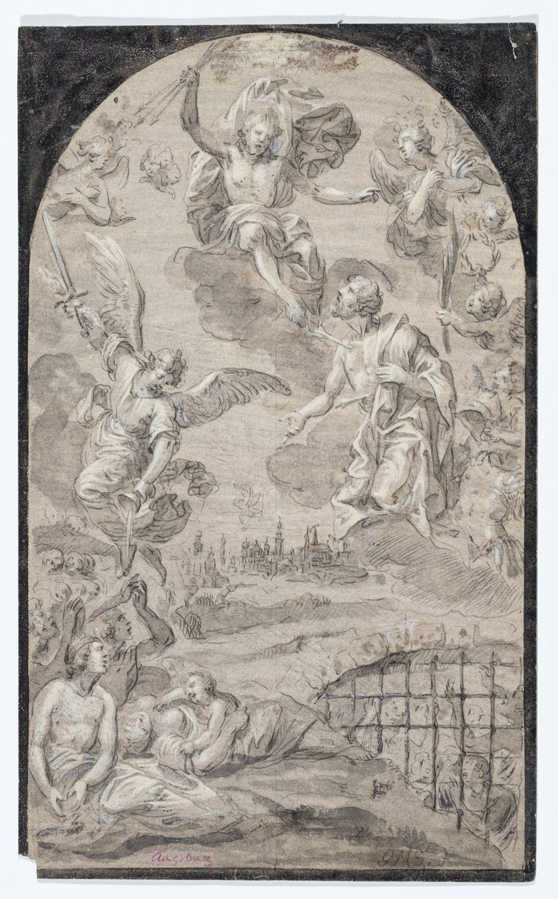 Szent közbenjár Krisztusnál, hogy ne dobja a villámot Augsburg városára, 1501-1600 körül (fekete kréta, toll és fekete tinta, szürke és fekete tus, fehér testfesték, szürkére előkészített hordozott papírra). alkotó: Johann Georg Melchior (1625 1705) Schmittner