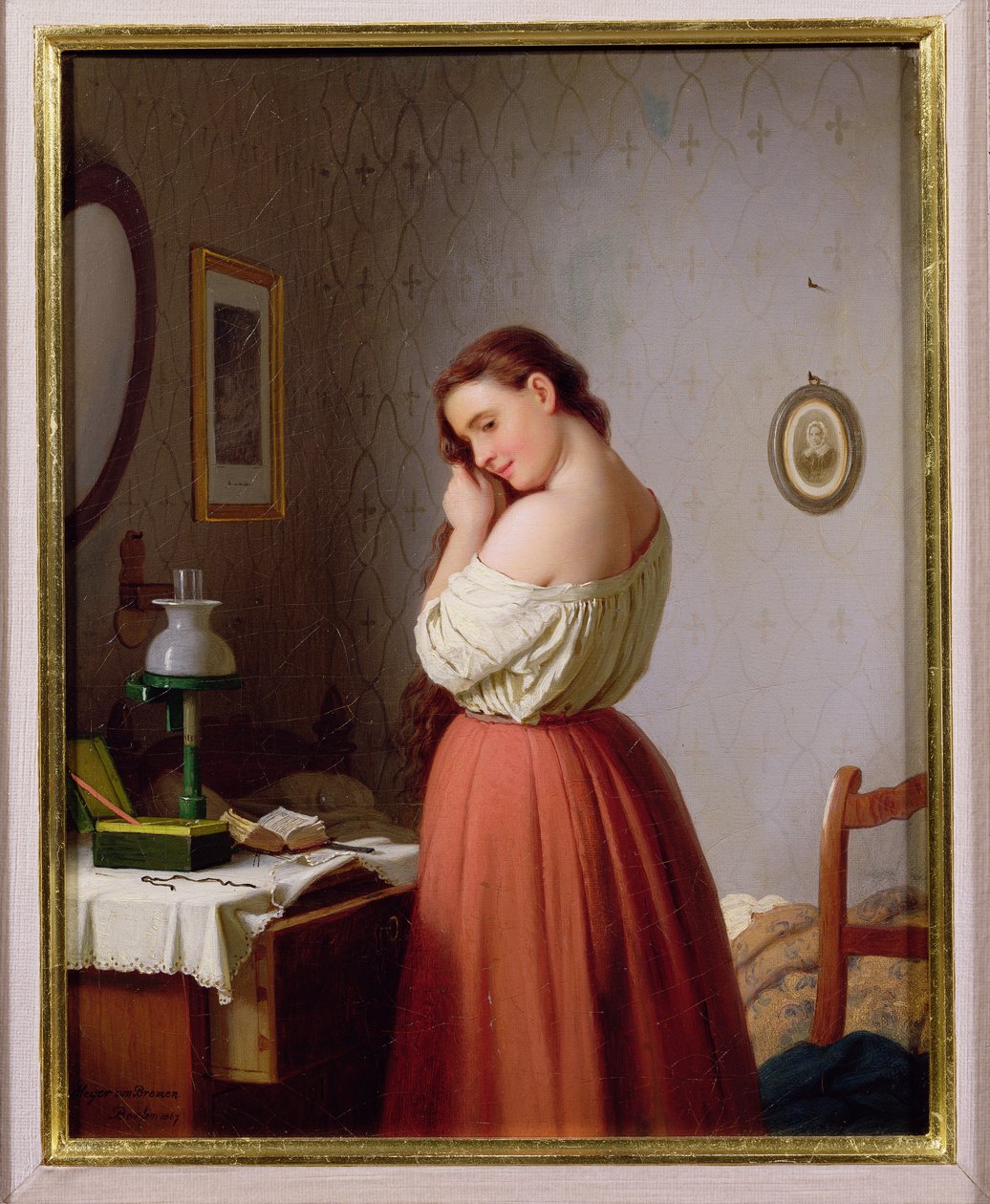 Fiatal nő fonja a haját alkotó: Johann Georg Meyer von Bremen