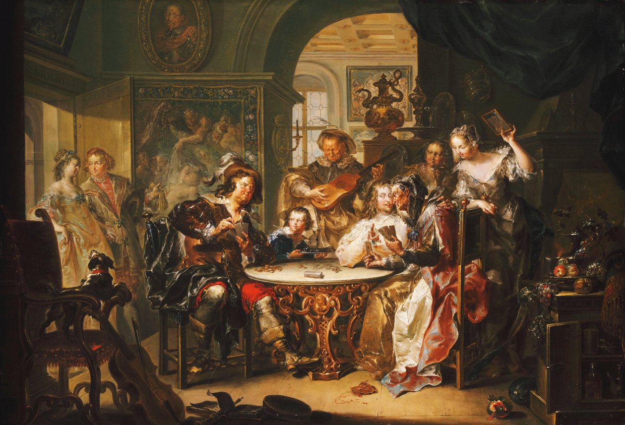 Egy úriember kártyákon csal egy idős hölggyel egy pazar belső térben, alkotó: Johann Georg Platzer