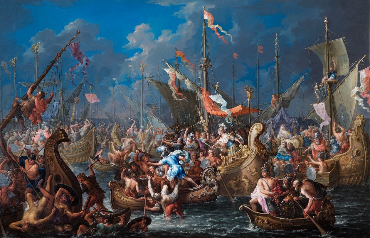 Anthony és Kleopátra az actiumi csatában (olaj, réz) alkotó: Johann Georg Platzer