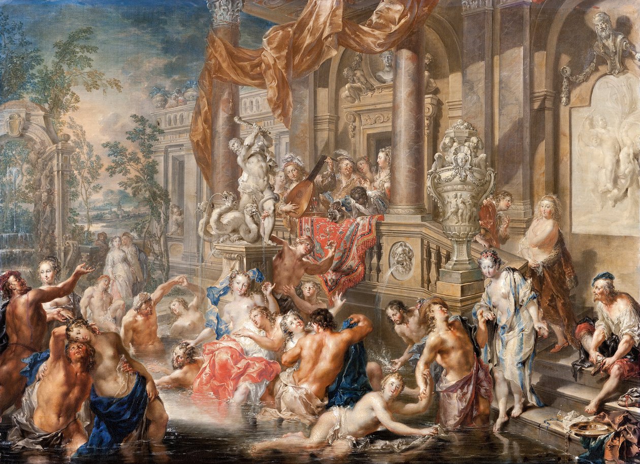 Szökőkút jelenet egy palota előtt alkotó: Johann Georg Platzer