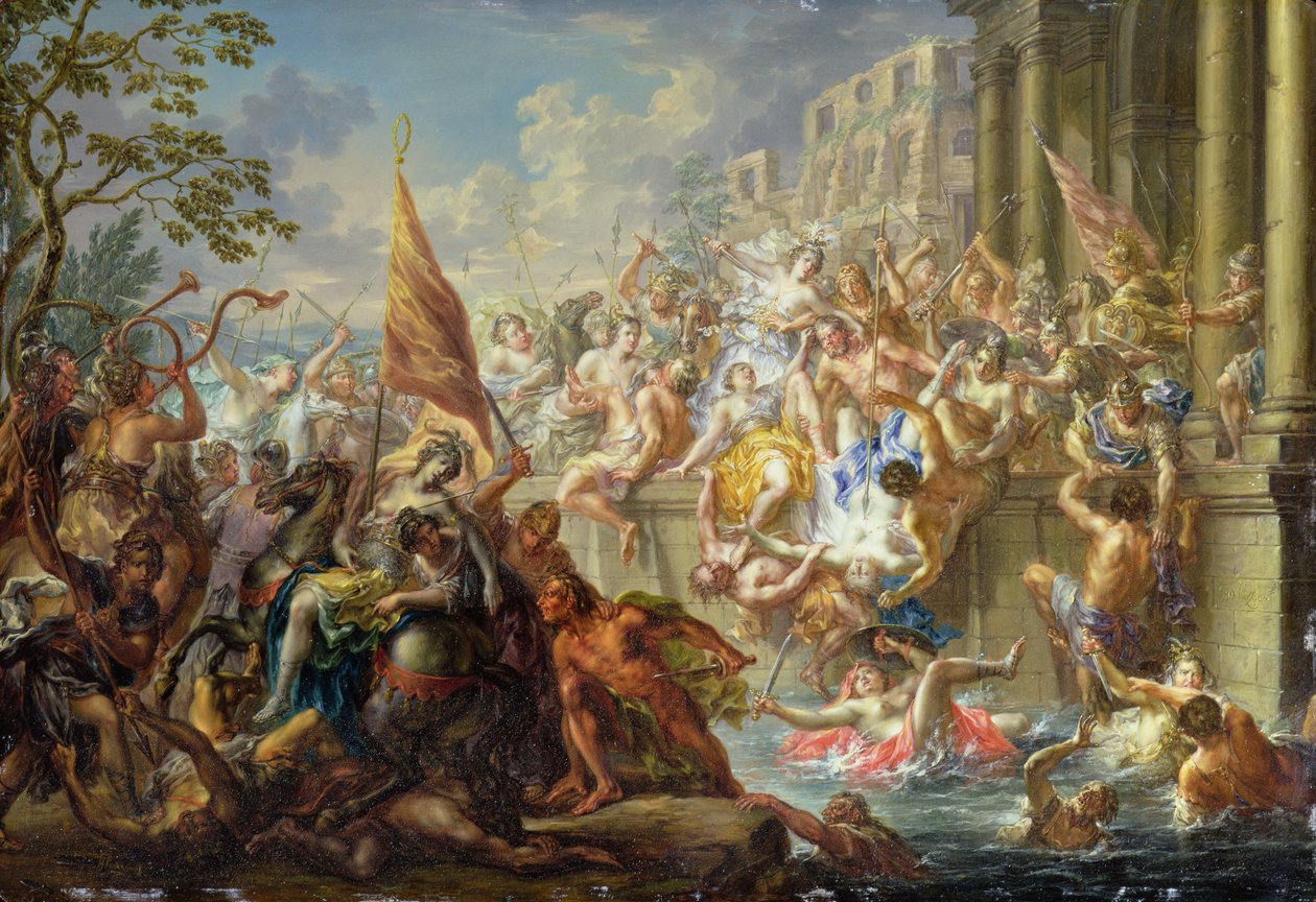 Az Amazonok csatája, 1730 körül (olaj, réz) alkotó: Johann Georg Platzer