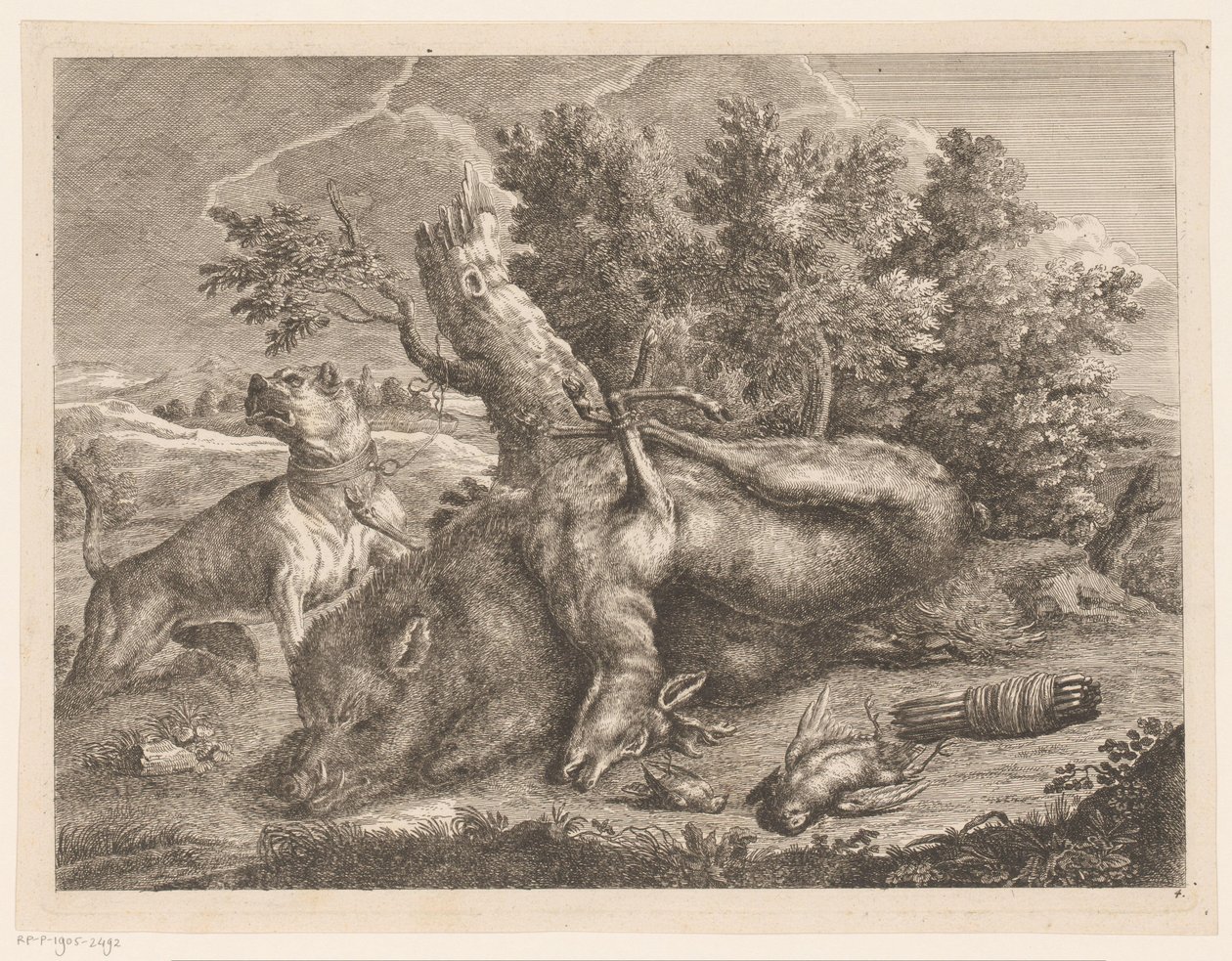 Vadászkutya és zsákmány vaddisznóval, szarvassal és madarakkal Vadászbakancs (sorozat címe) alkotó: Johann Georg Wachsschlunger