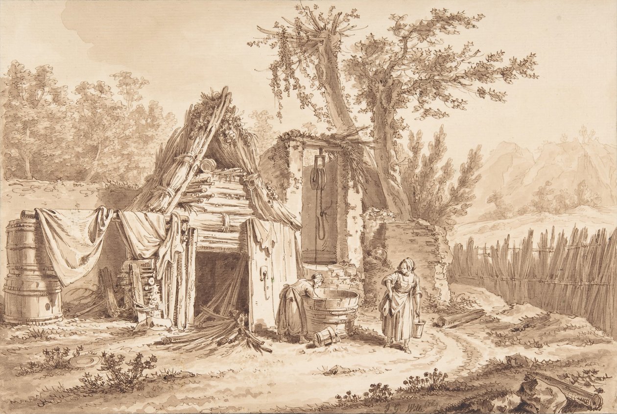 Mosók egy kunyhó előtt, 1769. alkotó: Johann Georg Wille
