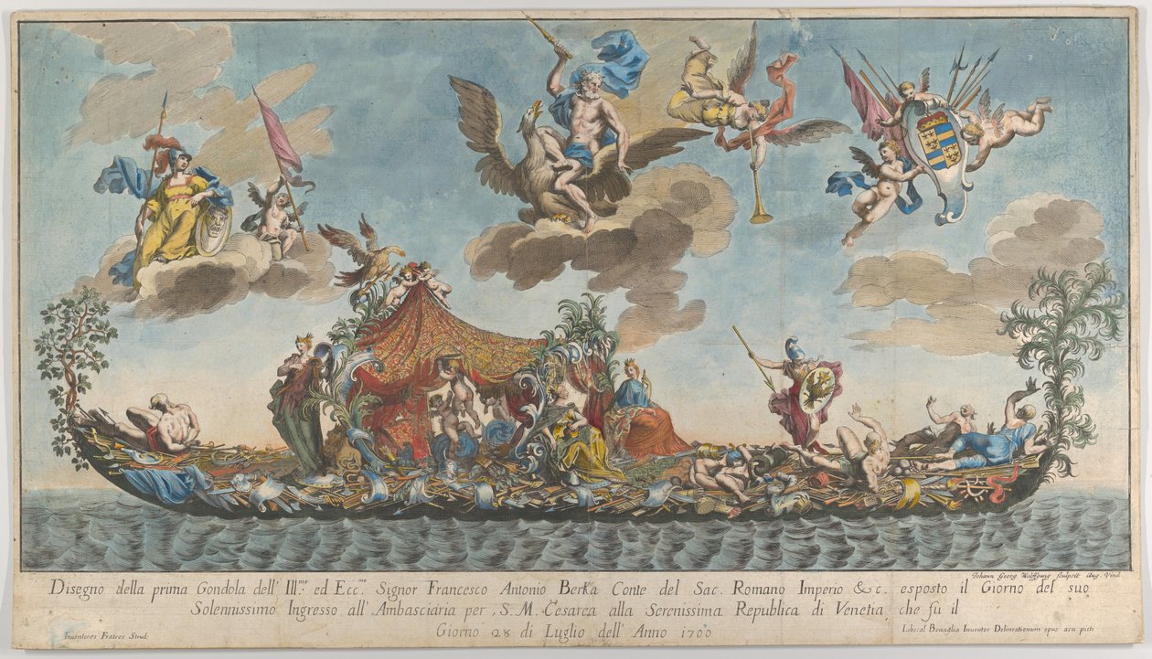 Francesco Antonio Berka első, rendkívül díszített gondolája Velencébe belépve, Istenek a cl..., 1700. alkotó: Johann Georg Wolfgang
