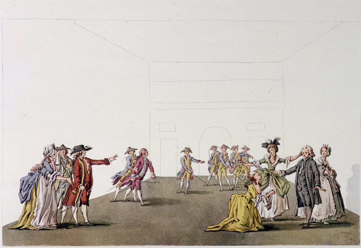 Denis Diderot „Père de famille” utolsó jelenete – fac simile – metszet Ziesenis, Coutellier rajza után a „Histoire generale illustrée du theatre”-ben. alkotó: Johann Georg Ziesenis