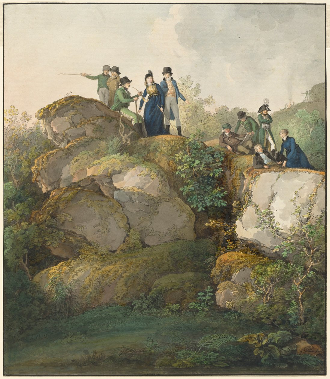 Királyi társaság csodálja a naplementét a Hesselberg hegy tetején alkotó: Johann Georg von Dillis