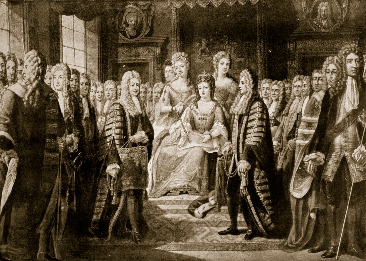 Az egyesülési szerződések bemutatása Anne királynőnek, 1706, illusztráció a „Hutchinson
