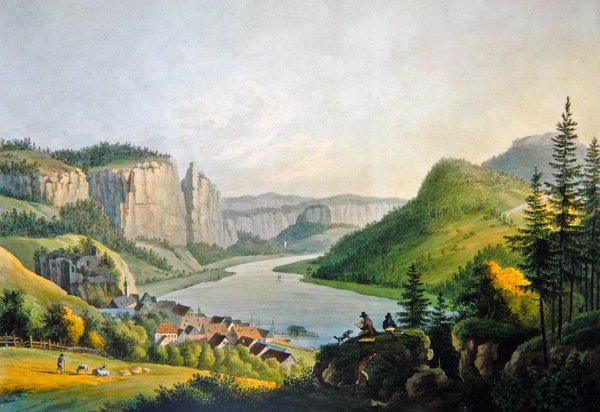 Wehlen látképe az Elba partján, a szászországi Königstein közelében, metszette Johann-Friedrich Wizani (1770-1835) (színes metszet) alkotó: Johann Gottfried (after) Jentsch