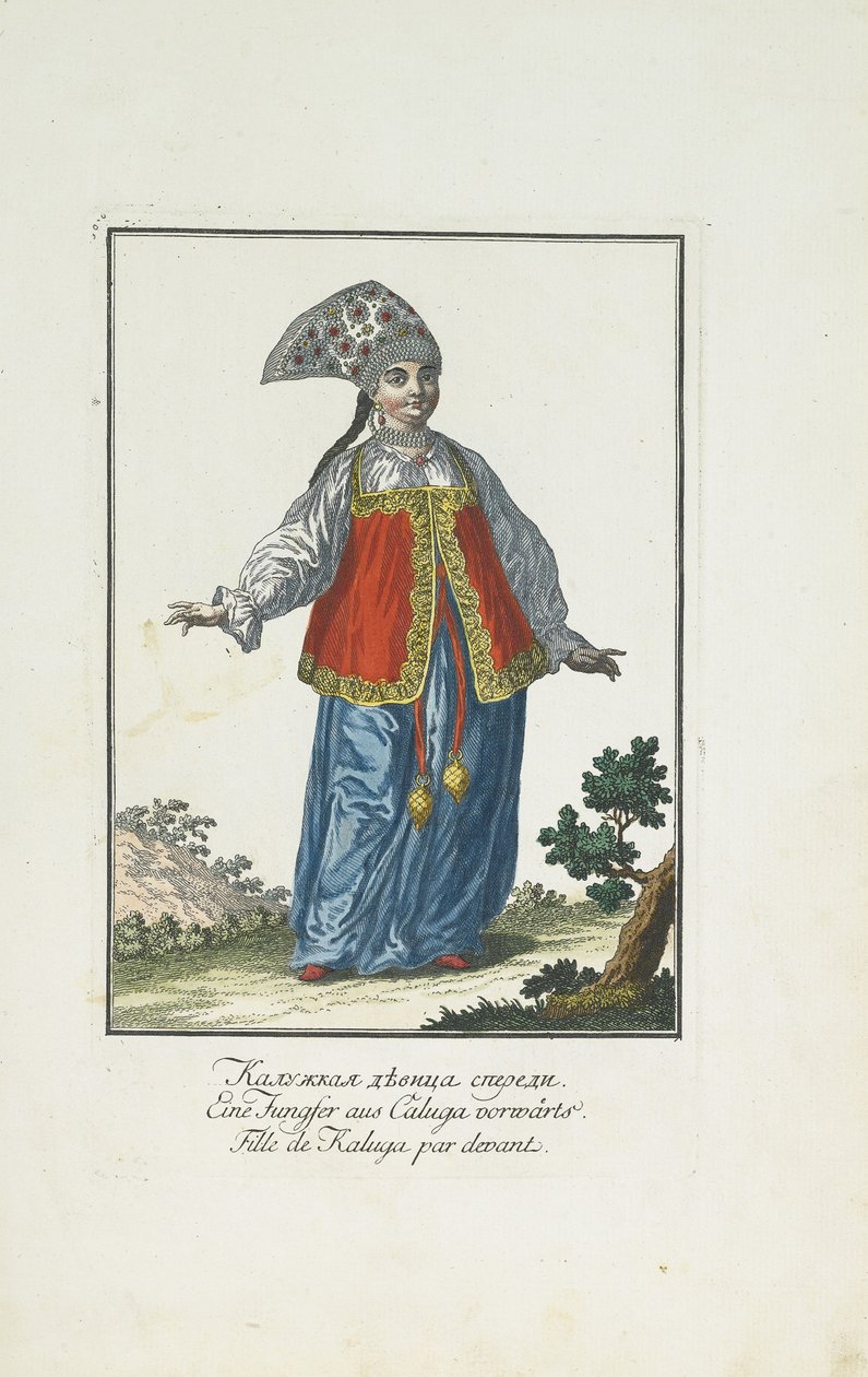 Egy kalugai lány ünnepi ruhában alkotó: Johann Gottlieb Georgi