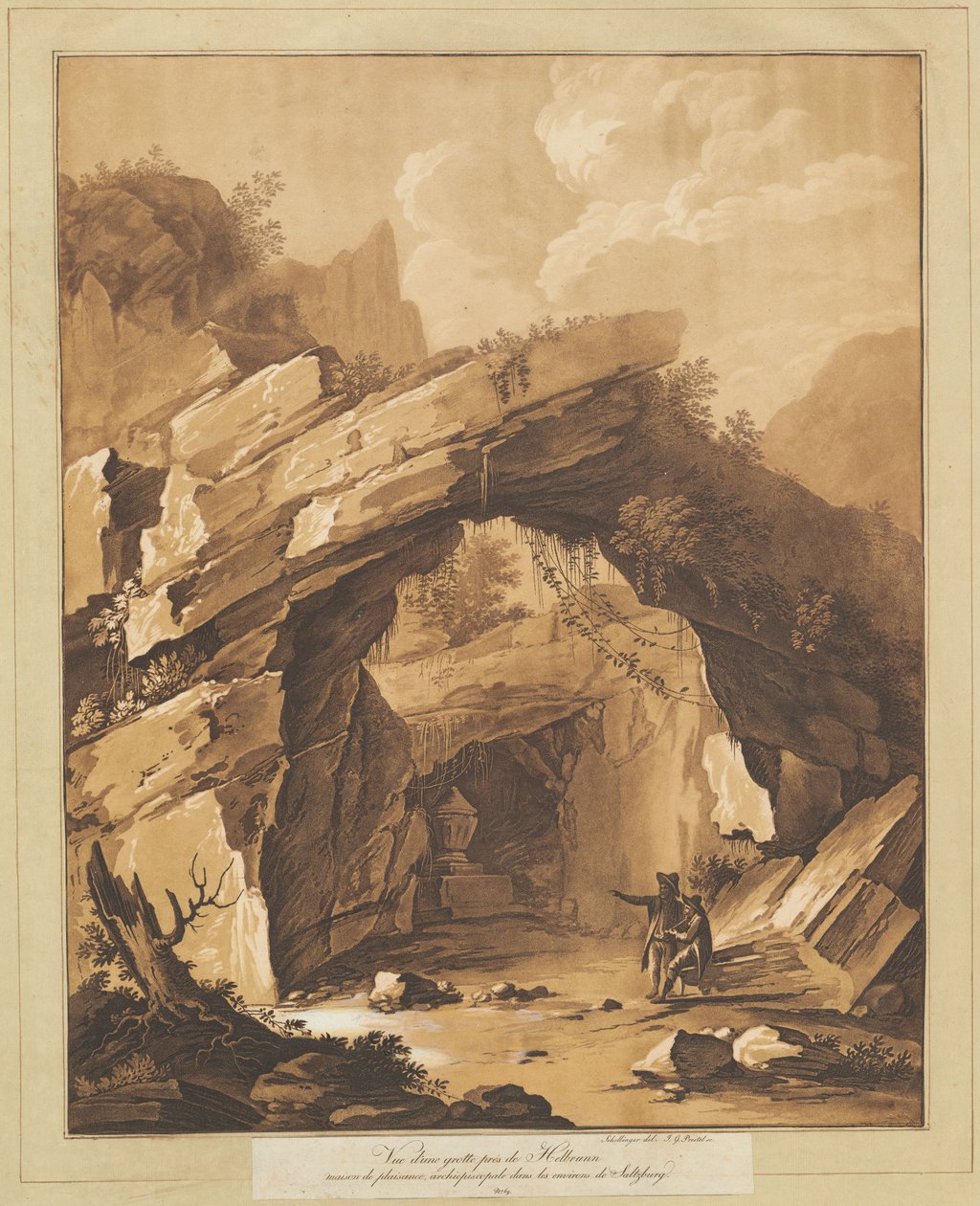 Kilátás a barlangra Heilbrunnnál, Salzburg közelében alkotó: Johann Gottlieb Prestel, after Schellinger