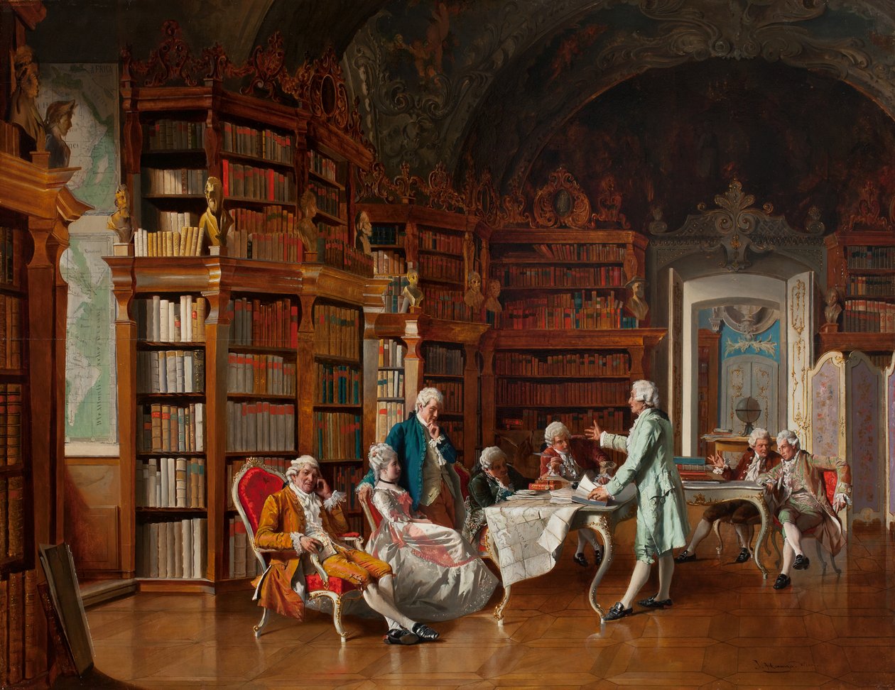 Könyvtári jelenet, 19. század vége (olaj, tábla) alkotó: Johann Hamza