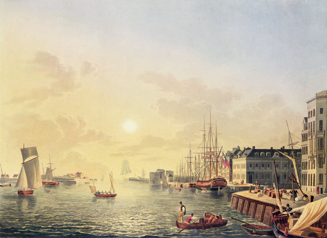 Kilátás a Le Havre-i kikötőre és kikötőre, 19. század eleje (színes metszet) alkotó: Johann Heinrich (after) Luttringshausen