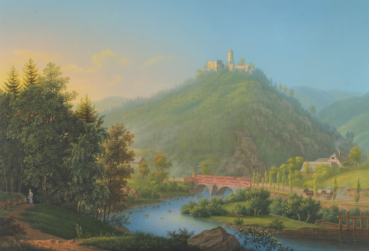 Kilátás Kynsburgra, a Weistritz-folyó völgyére, Sziléziában, a 18.-19. század végén. alkotó: Johann Heinrich Bleuler